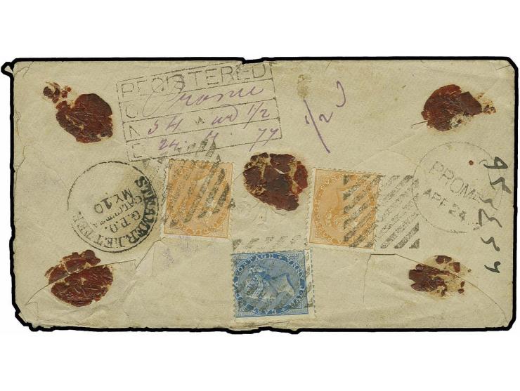 BURMA: "PROME APR 24"(1877) on registered envelope with India 1865, ½ a. and 2 a. (2),tied by diamond of barrs, with adjacent