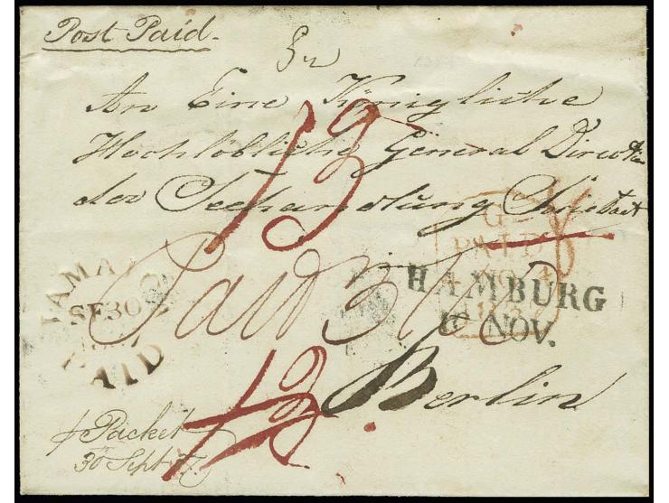 "JAMAICA PAID SE 30 1837" on front of lettersheet via London and Hamburg to Berlin with several transit and arrival marks