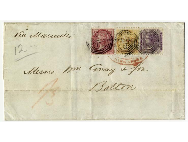 "B/172", octagonal marking, 3 strikes on India 1856/64, 2 a. yellow, 8 a. carmine and 1860, 8 p. mauve, all tied additionally