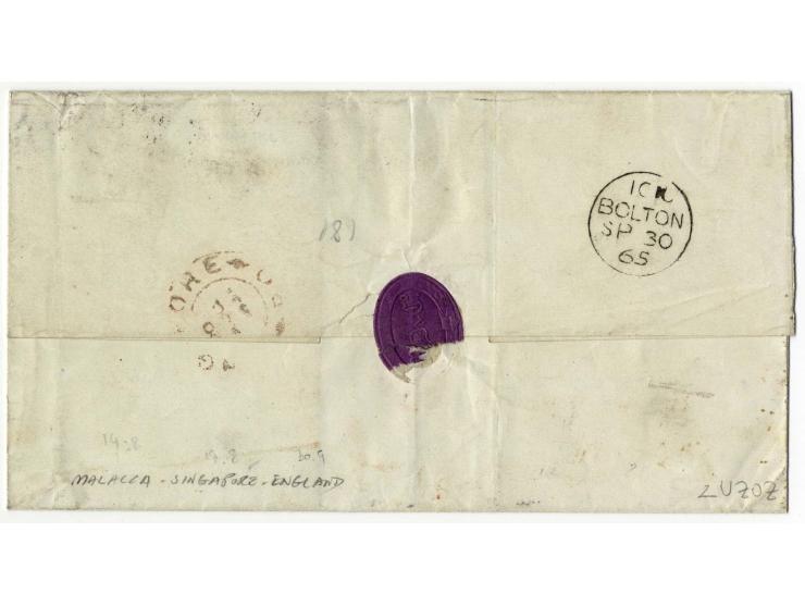 "B/172", octagonal marking, 3 strikes on India 1856/64, 2 a. yellow, 8 a. carmine and 1860, 8 p. mauve, all tied additionally