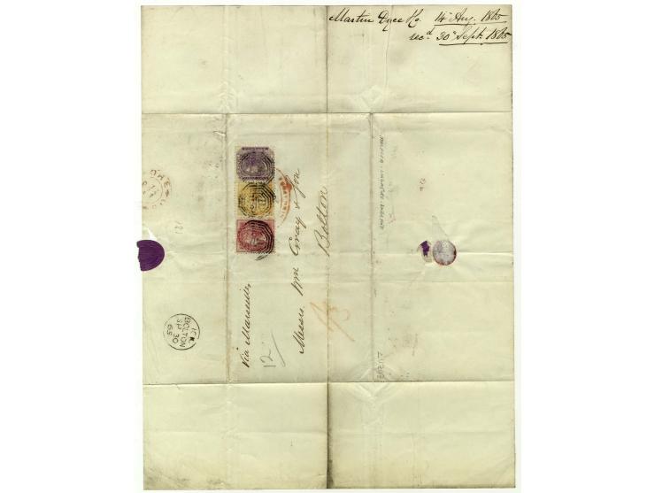 "B/172", octagonal marking, 3 strikes on India 1856/64, 2 a. yellow, 8 a. carmine and 1860, 8 p. mauve, all tied additionally