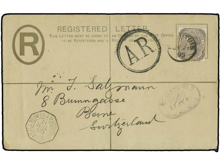 2,50 r. brown-purple used on registered envelope 8 c. from "MAURITIUS JY 21 95" to Switzerland, showing clear strike of rare 