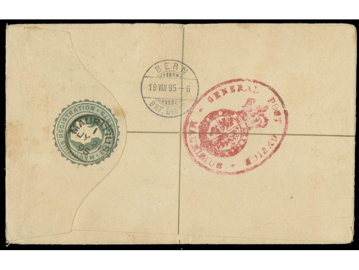 2,50 r. brown-purple used on registered envelope 8 c. from "MAURITIUS JY 21 95" to Switzerland, showing clear strike of rare 