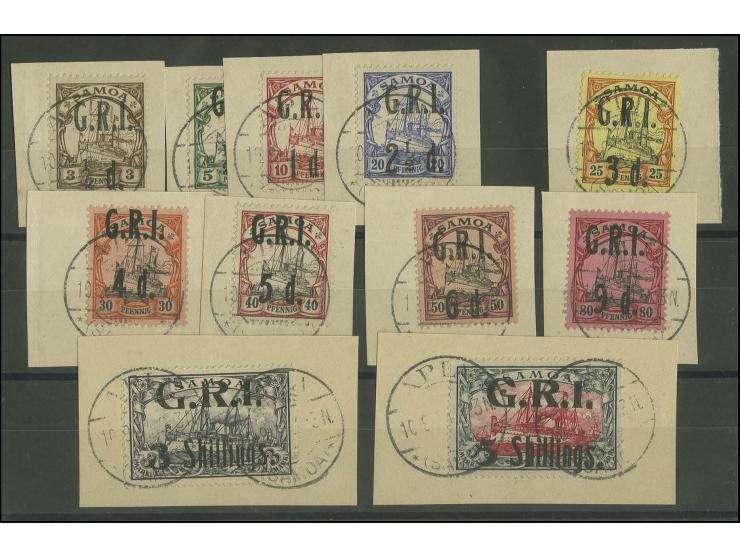 1914, G.R.I. ½ d. on 3 pf.-9 d., 3 s. and 5 s., 11 values, all tied by cds. "APIA 10.9.14" to pieces, fine and scarce, signed