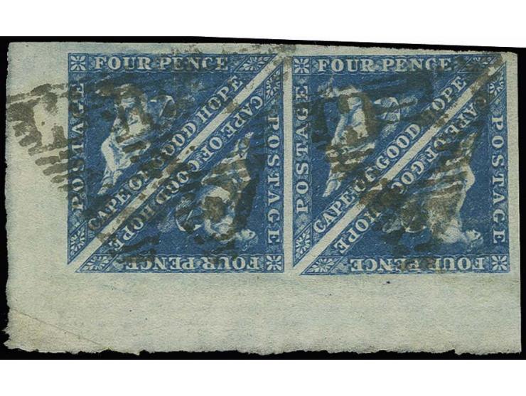 1855/63, 4 d. deep blue on white paper, block of four from the sheet corner with full to very wide margins and 9/12 mm sheet 