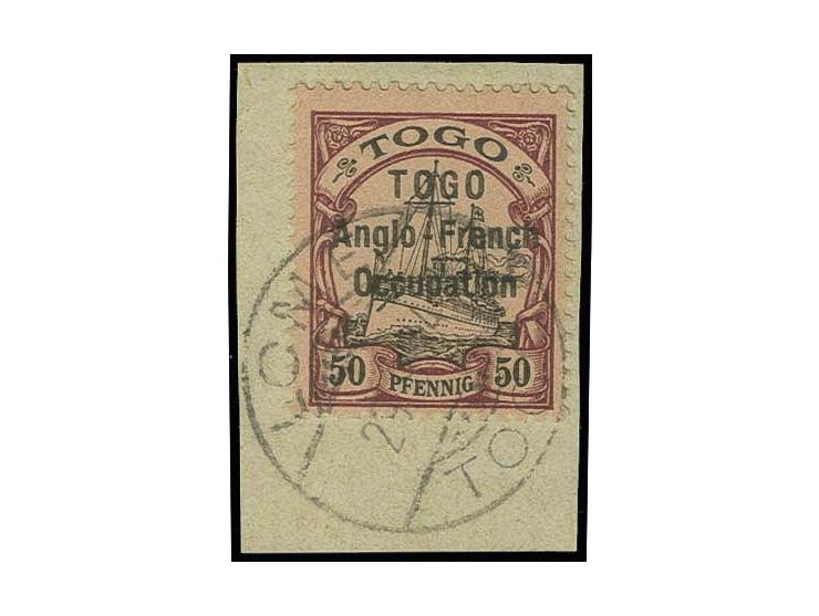 Narrow setting 50 pf., tied by cds. "LOME 29.9.14" to small piece, very fine and scarce, signed Bothe BPP with certificate (M