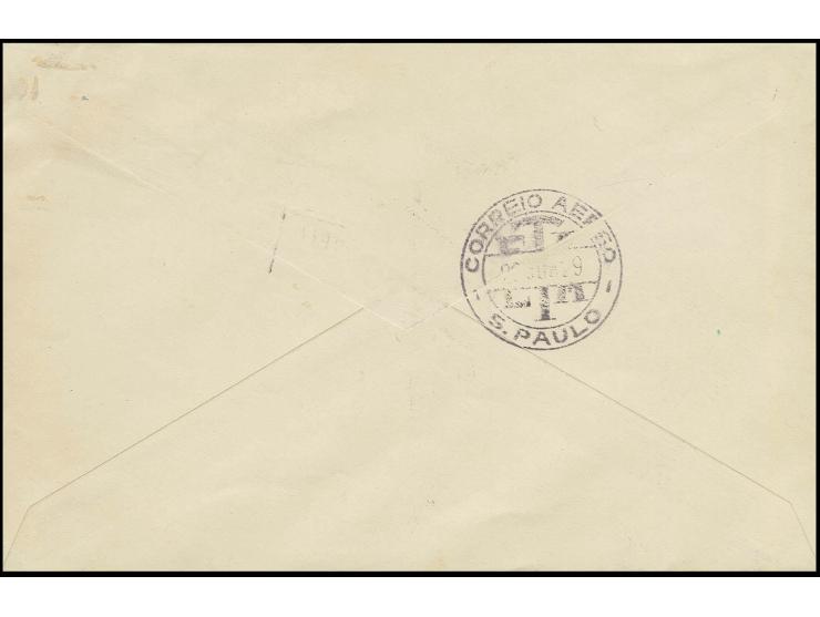 PRIVATE AIRMAIL COMPANIES: ETA :1929, airmail 2000 r. green and red and Brazil postage stamp 400 r. blue, tied by "ETA RIO DE
