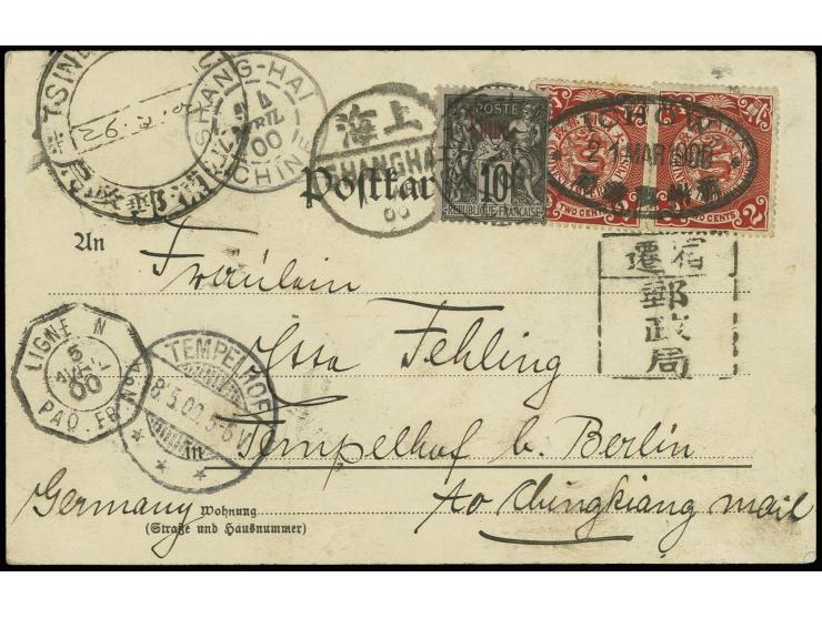 2 c., 2 copies, tied by oval dater "ICHOW 21 MAR 1900" to picture postcard with French PO combination franking and adjacent s