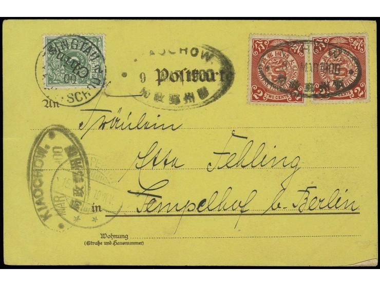 1898, 2 c., 2 copies, tied by oval "ICHOW 3  MAR 1900" to postcard with combination franking German Post 5 pf. tied by "TSINT