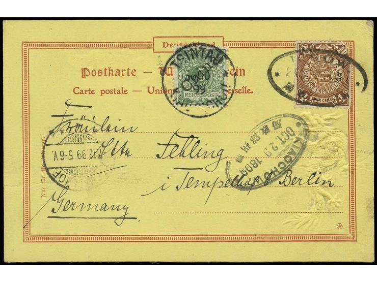 4 c. (applied damaged) tied by oval "ICHOW 24 OCT 1899" to postcard with combination franking German Post 5 pf. tied by "TSIN