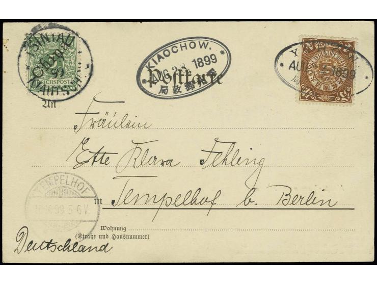 4 c. tied by oval "YCHOW AUG 22 1899" to postcard with combination franking German Post 5 pf. tied by "TSINTAU" cds. to Germa