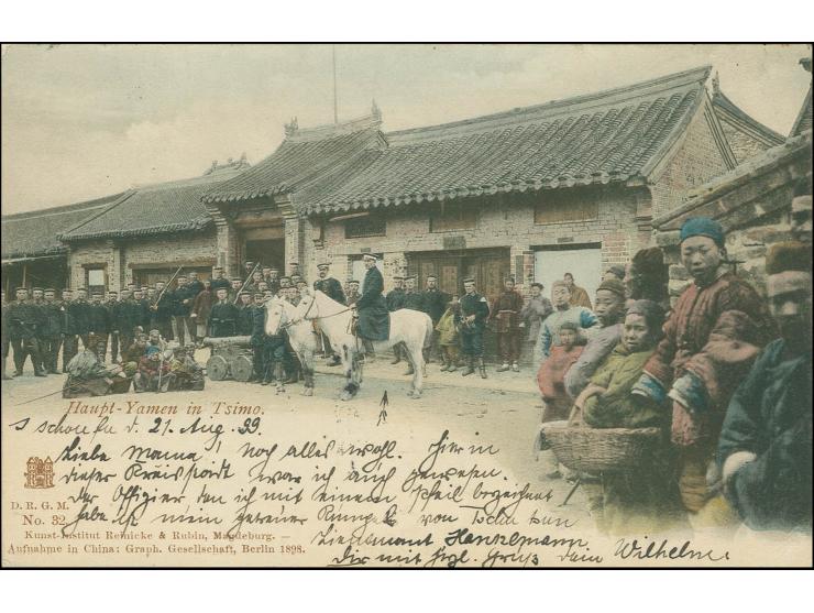4 c. tied by oval "YCHOW AUG 22 1899" to postcard with combination franking German Post 5 pf. tied by "TSINTAU" cds. to Germa