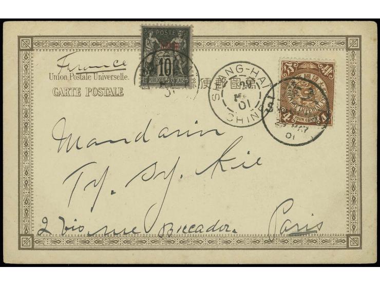1898/1906, 4 c. brown tied by Shanghai cds. to postcard with combination franking French PO 10 c., cancelled the same day, to