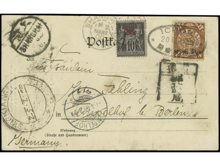 4c., tied by oval dater "ICHOW 20 FEB 1900" to picture postcard with French PO combination franking and adjacent scarce Suchi