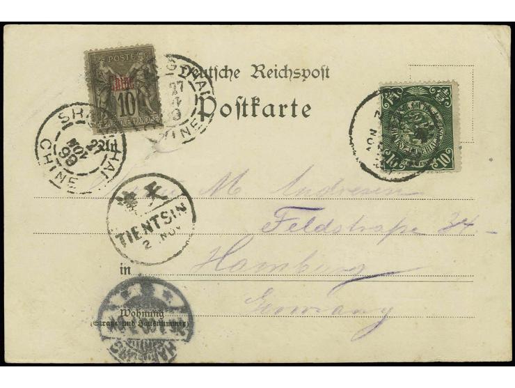 10 c. green, tied by Tientsin cds. to postcard (picture of Port Arthur) with combination franking French PO 10 c., tied by Sh