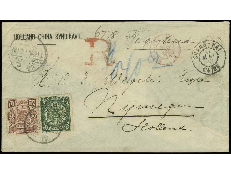 20 c. brownish carmine and 10 c. deep green tied by cds. "TIENTSIN 24.MAY.02" to registered cover with handstamp "R" in red v