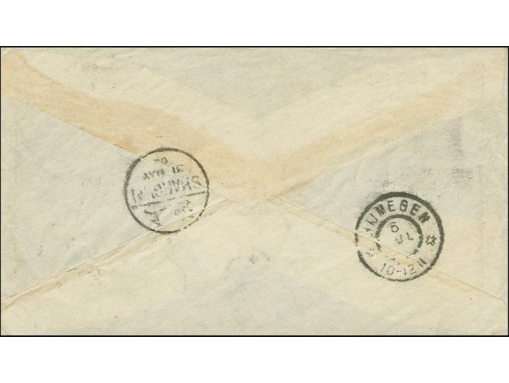 20 c. brownish carmine and 10 c. deep green tied by cds. "TIENTSIN 24.MAY.02" to registered cover with handstamp "R" in red v