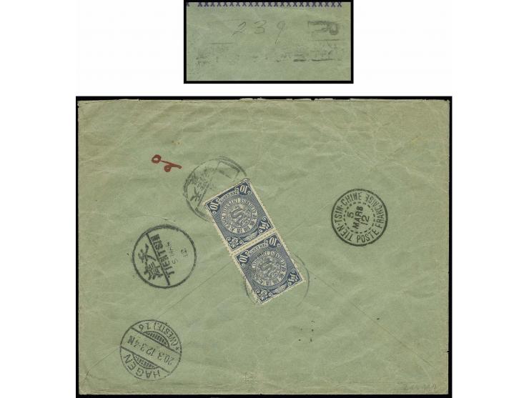 1905/09, 10 c. blue in vertical pair tied by Tientsin cds. to reverse of registered envelope of the Imperial Chinese Tientsin