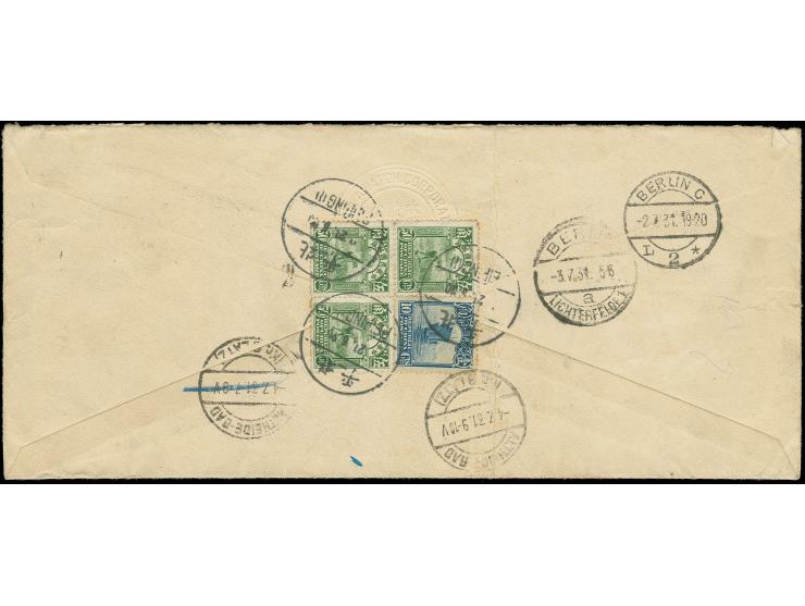 1921, airmail 45 c. with additional franking (on front and reverse) used on registered airmail cover to Germany, vertical fol
