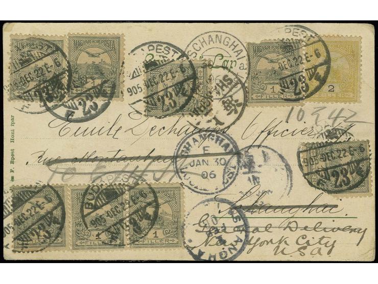 1906, postcard from Budapest to Shanghai (franking partly afixed damaged) and re-directed with transitmarks of German, Greek,