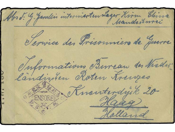 1918, "CENSORED", violet marking, clear on front of POW cover from Kirin to the Netherland, opened at 2 sides