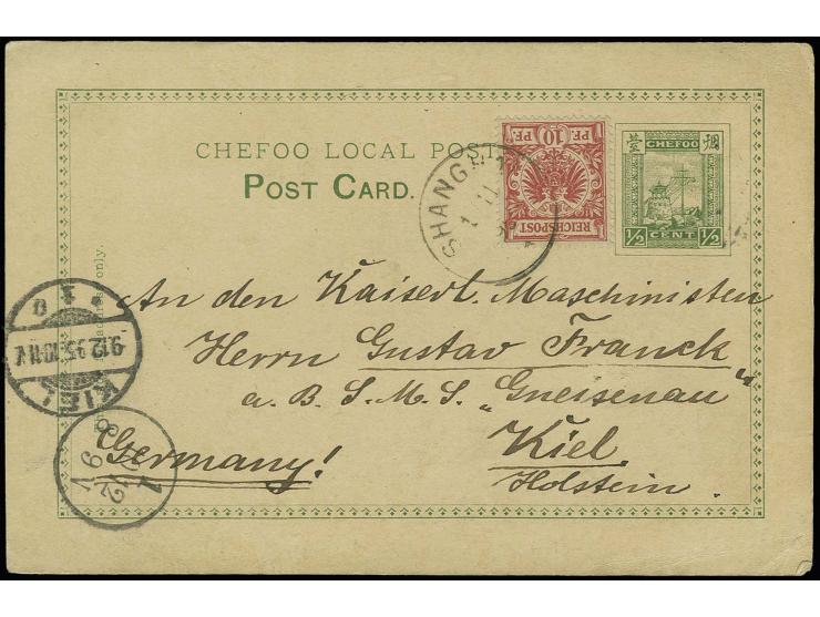 1893, postcard 1/2 c. uncancelled, used from "Chefoo 28. October 1895" to Germany with combination franking Germany 1890/99, 