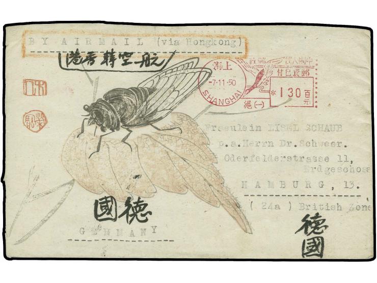 1950, 130 f. meter mark from "SHANGHAI 7.11.50" on airmail picture cover to Hamburg, fine