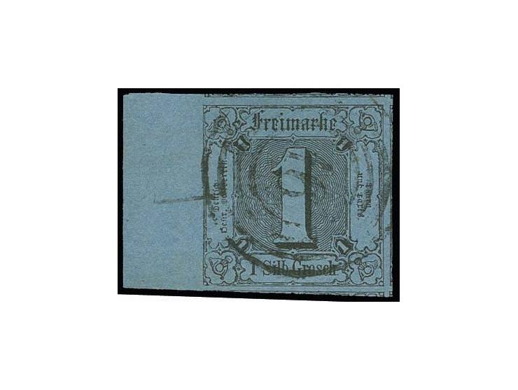 1853, 1 Sgr. auf mittelgrünlichblau, allseits überrandig mit Teilen von 5 Nachbarmarken und links 9,5 mm Bogenrand, sauber en