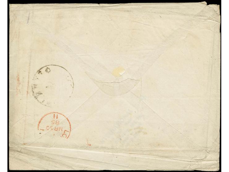 1882 5 c. violet & lavender (2) and 10 c. carmine & deep pink (2) used on 1885 cover to London tied by MECHED datestamps (12/