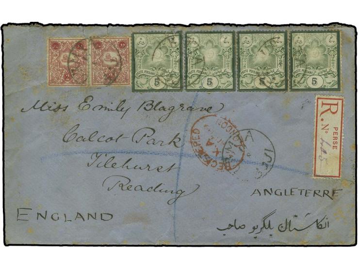 5 c. green & deep green, four examples used on registered cover to Reading, UK (one is Type II with two dots), in combination