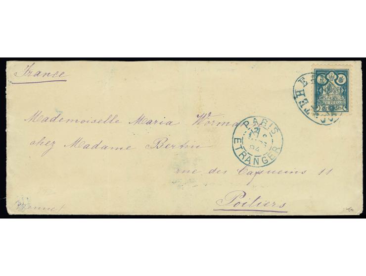 1 ch. black, 2 ch. brown (on reverse ) used with 5 ch. blue to pay the newly introduced 8 chahis overseas single letter rate,