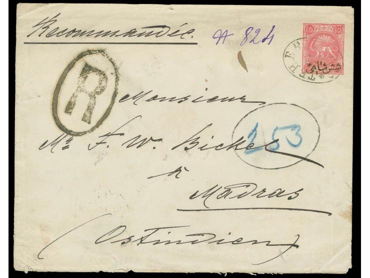 1 ch. black, 2 ch. brown (2) and 10 ch. rose, all used on 1892 reverse of overprinted 6 ch. rose postal stationery envelope m