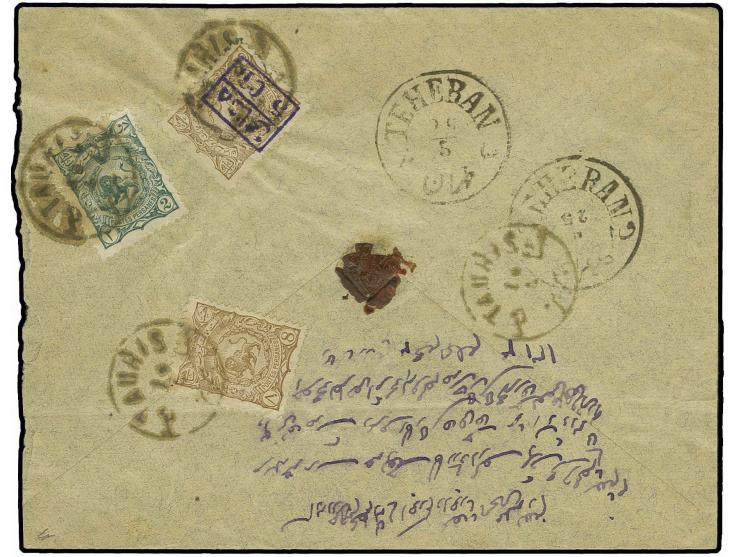 5 ch. locally handstamped in violet on 8 ch. brown, used on reverse of cover with 1894 2 ch. green and 8 ch. brown tied by TA