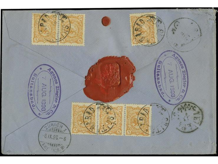 8 ch. orange on white paper, single, pair and strip of three used on reverse of 1898 quadruple weight registered cover to Zur