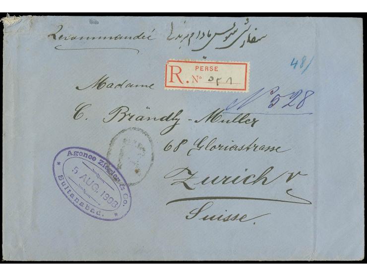 8 ch. orange on white paper, single, pair and strip of three used on reverse of 1898 quadruple weight registered cover to Zur