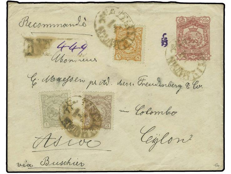1 ch. grey, 3 ch. lilac and 8 ch. orange all used on violet arabesque overprinted 12 ch. dull rose red postal stationery enve