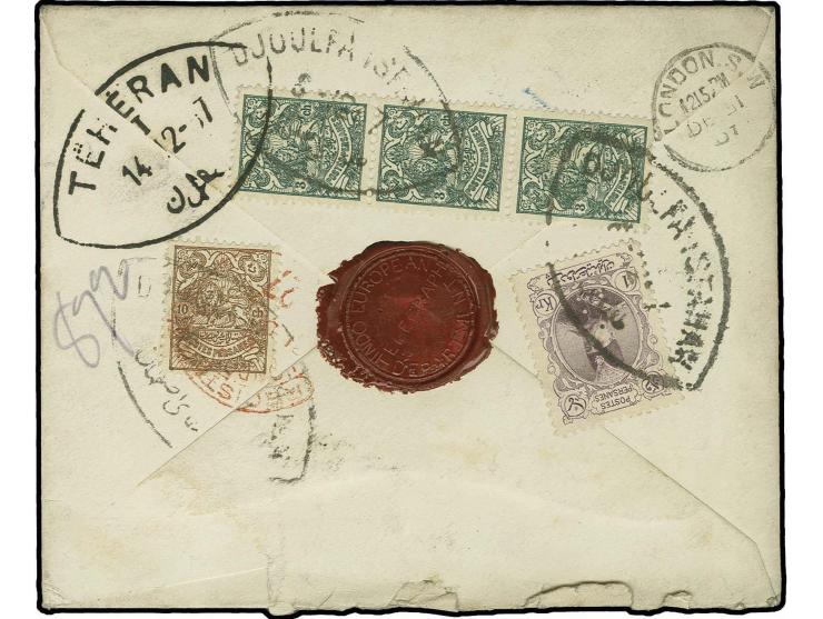 3 ch. green strip of three, 10 ch. brown and  kr. purple used on reverse of registered cover 1907 to London, tied by oval DJO