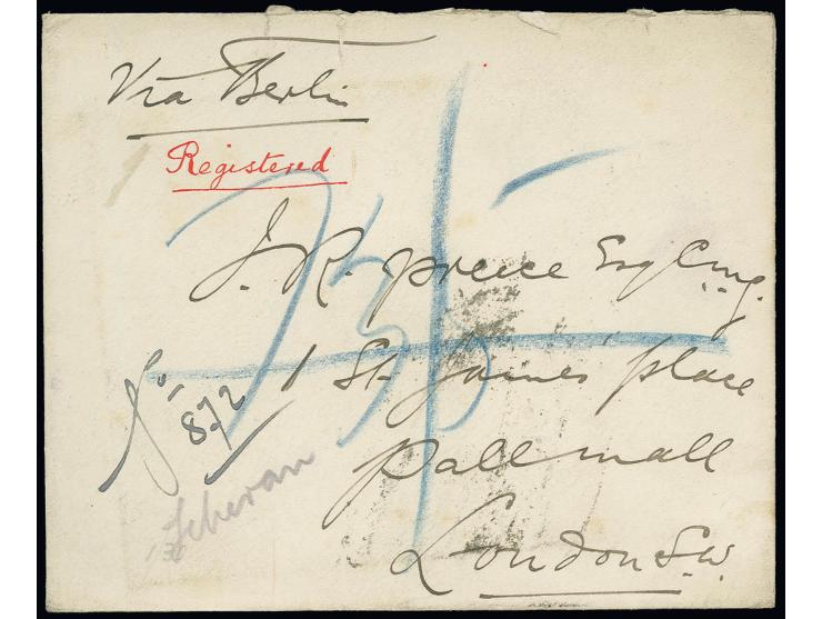 3 ch. green strip of three, 10 ch. brown and  kr. purple used on reverse of registered cover 1907 to London, tied by oval DJO