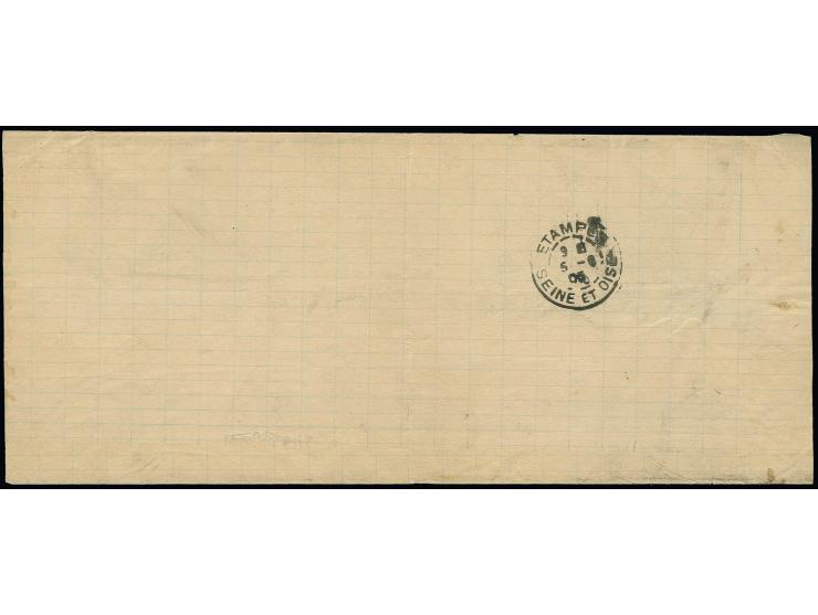 1904, 3 ch. handstamped in black on 5 ch. rose-red (2) used on handmade Newspaper Wrapper to France, tied by TEHERAN cds in b