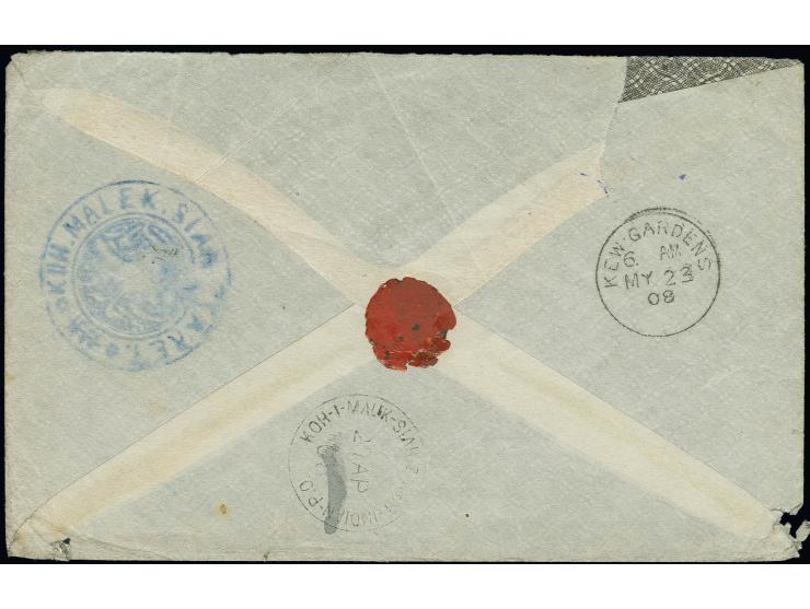 1907: 1 ch. violet, 3 ch. green and 9 ch. orange, all on deeply blued paper, used on 1908 cover to Kew, London, tied by rare 