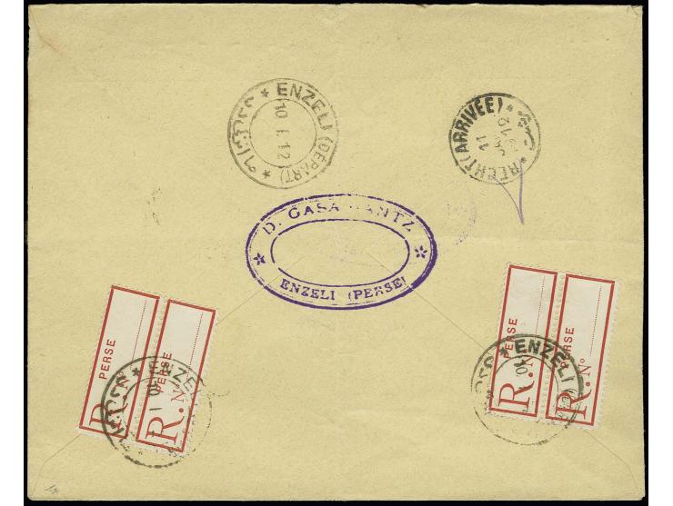 1912: Cover from Enzeli to Recht franked solely by two pairs of red perforated registration labels for local rate, neatly tie