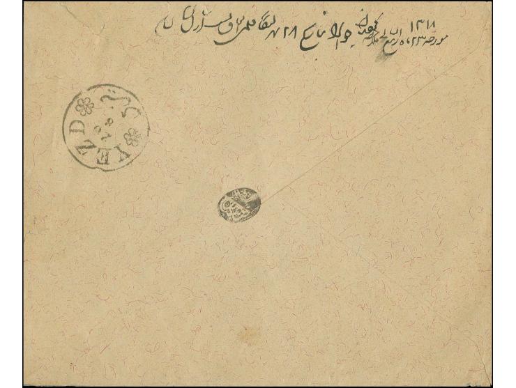 1899: 4 ch. red on greenish paper used with perforated registration label in red to pay the 1 chahi for the 5 chahi rate, nea