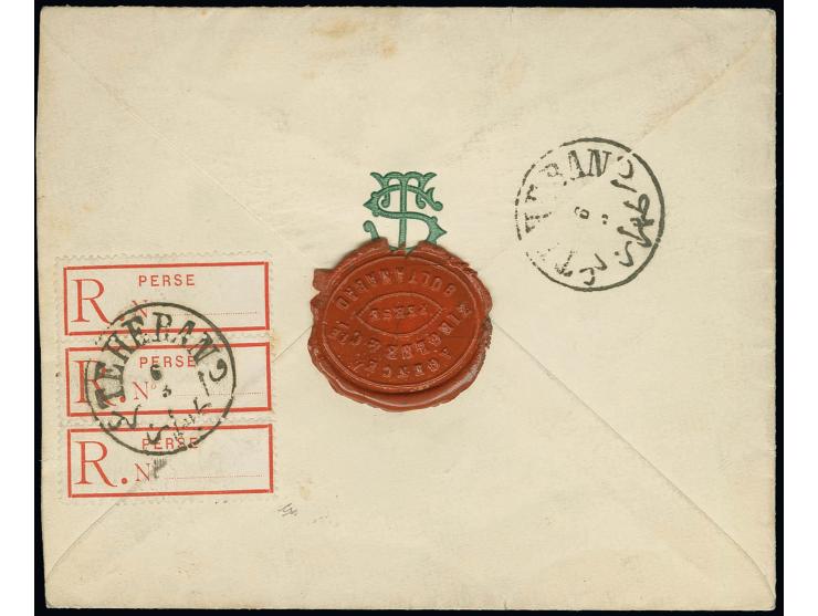 1 ch. violet on blue (2), 1908 1 kr. vermilion and, on reverse of 1909 cover, a vertical strip of three perforated registrati