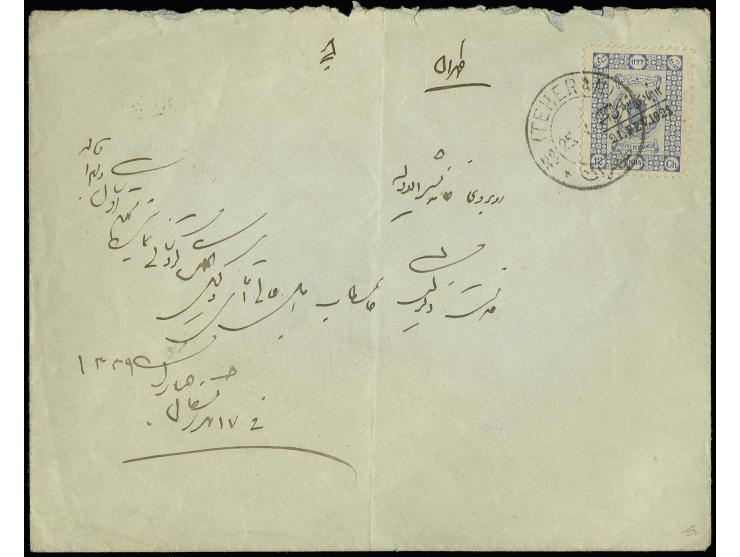 12 ch. ultramarine overprinted in black, perf. 11½ x 11¼, a fine philatelically used example on local cover cancelled by Tehe