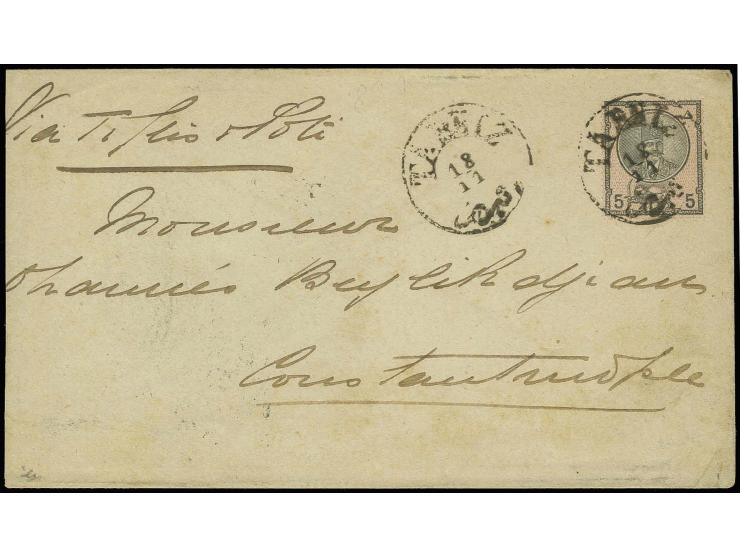 POSTAL STATIONARY: 5 ch. black & rose envelope, used to Constsantinople endorsed "via Tiflis & Poti", cancelled twice by TABR