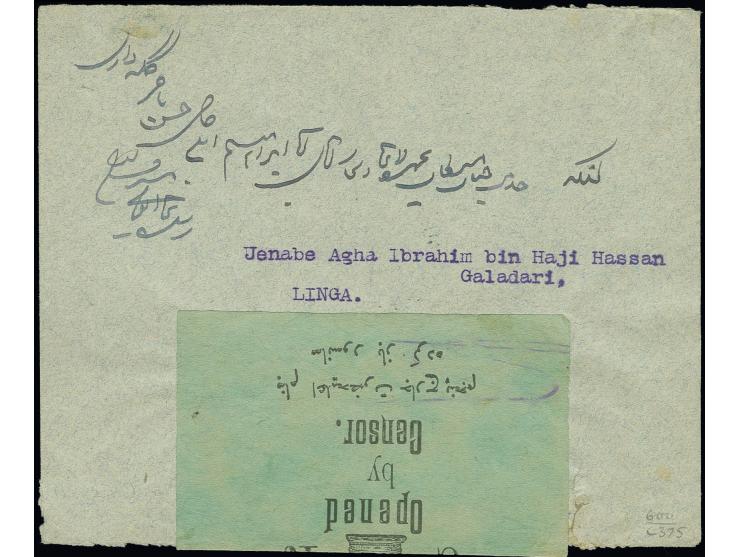 Bushire 1915: 3 ch. grey-brown & green surcharged in black, SG 3, two examples used on reverse of 1915 cover to Linga, each t