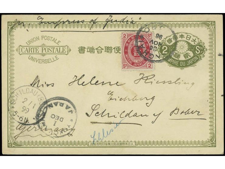 "SHANGHAI I. J. P. O. 26 NOV. 98" on 1883, New Koban 2 s. carmine on postcard 2 s. olive-green via Yokohama to Germany with t
