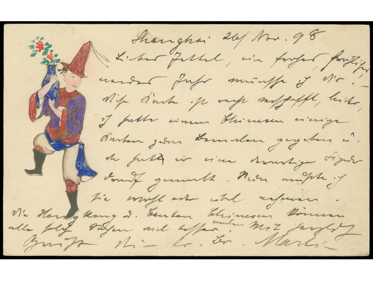 "SHANGHAI I. J. P. O. 26 NOV. 98" on 1883, New Koban 2 s. carmine on postcard 2 s. olive-green via Yokohama to Germany with t