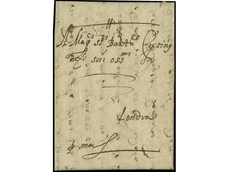 1587, "p. mare", hds. Vermerk auf kpl. Faltbrief mit Absenderangabe aus Cöln und Schiffspost-Aufgabe in Hamburg nach London, 