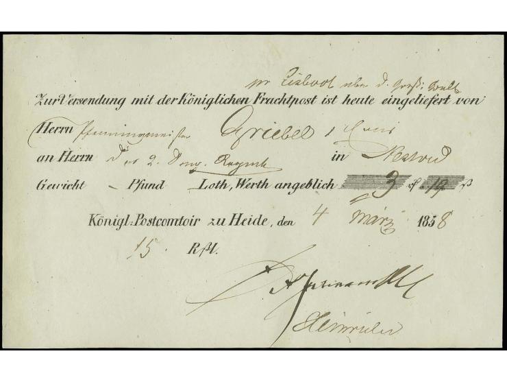 1858, "per Eisboot über d. Großen Belt", hds. Vermerk auf Vordruck-Postschein aus Heide, datiert vom 4.3.1858. Im Winter konn